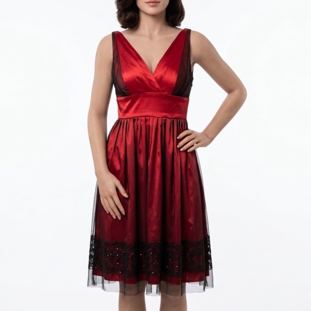 MORGAN & CO Red Black Cocktail Dress Y2K Mesh Lace Overlay Size 7/8